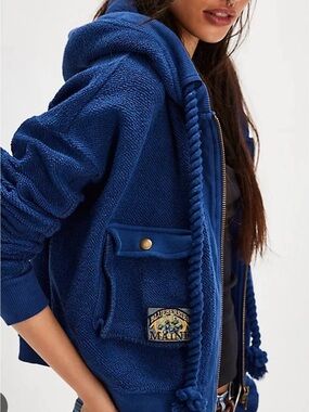 NWT Free People So Lush Navy Cropped Zip-Up Hoodie, Sz L